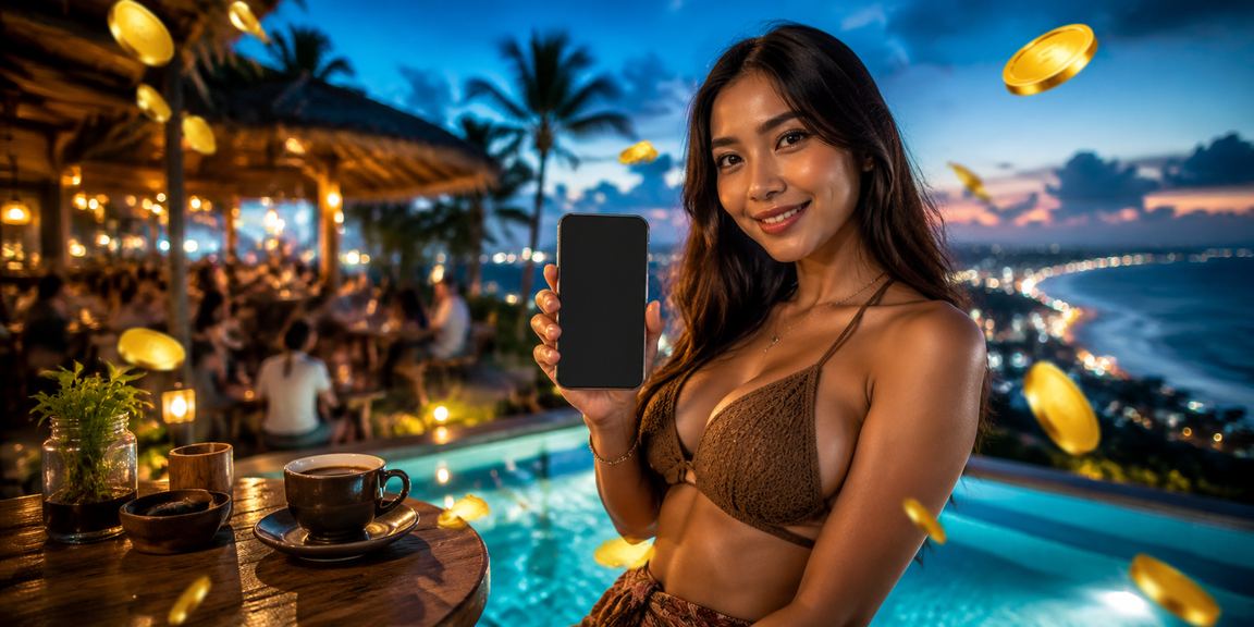 Pengguna mengakses aplikasi casino di kafe dengan nuansa Vietnam yang hangat dan modern