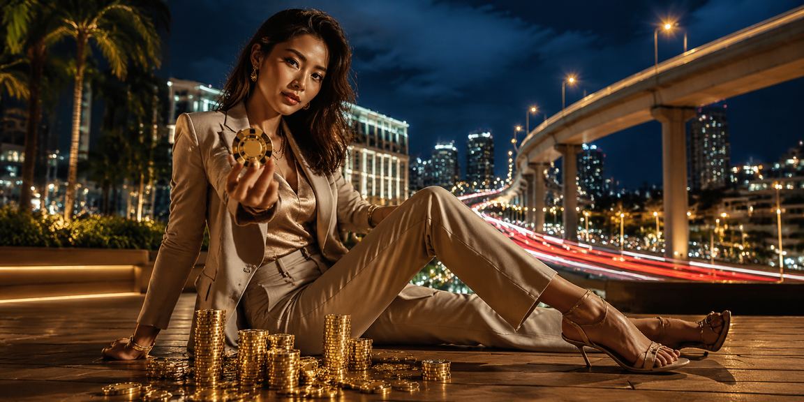 Model Vietnam memainkan taruhan casino sambil menikmati suasana malam yang elegan