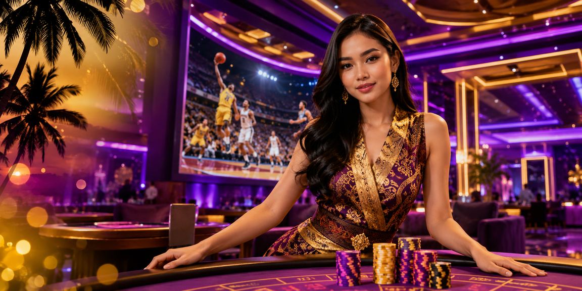 Suasana neon malam dengan taruhan basket yang aktif di layar ponsel pengguna Indonesia